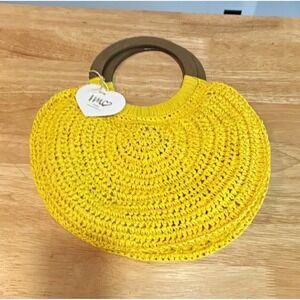 imo Vegan Yellow Crochet Straw Round Satchel Top Handle Bag Wooden Handles Snap